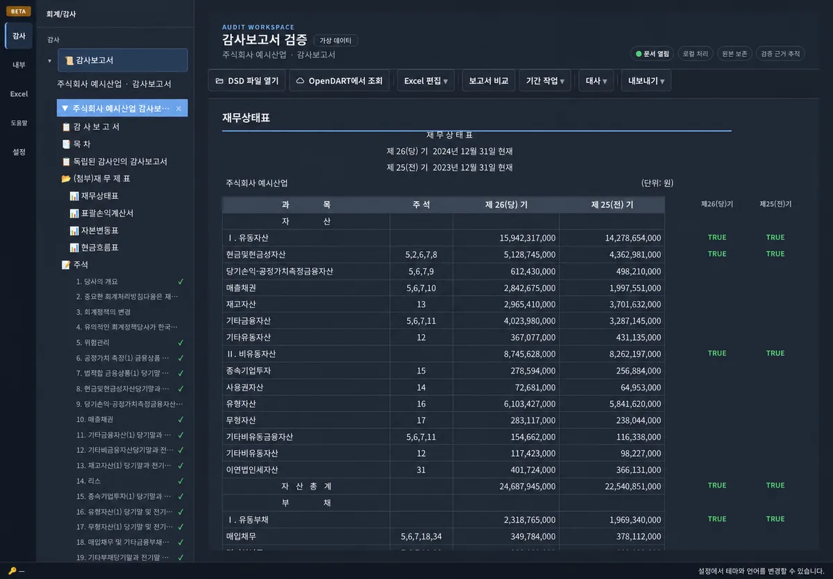 가상 회사 예시산업의 합성 재무상태표에서 당기와 전기의 합계 검증 결과가 TRUE로 표시된 Axon 예시 화면